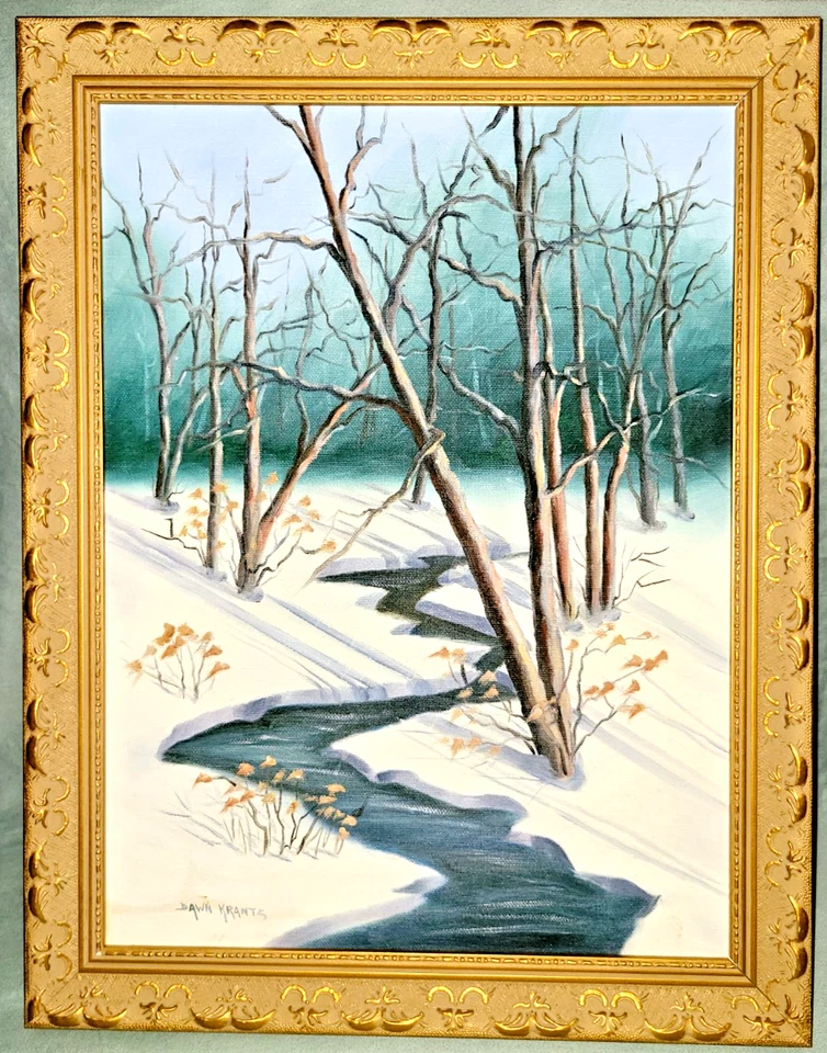 Original winter landscape painting on canvas by VT artist Dawn Krantz, brook