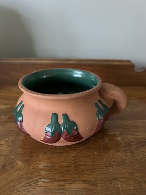 Glazed Art Pottery Salsa Bowl Peppers Tan/Blue Stoneware 16oz Serving Dish Mug