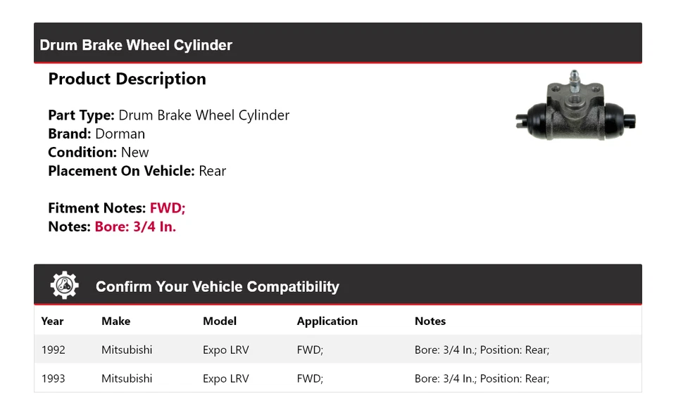 Cilindro trasero de rueda de freno de tambor Dorman FWD Mitsubishi Expo LRV 1992-1993 Foto 2 de 3