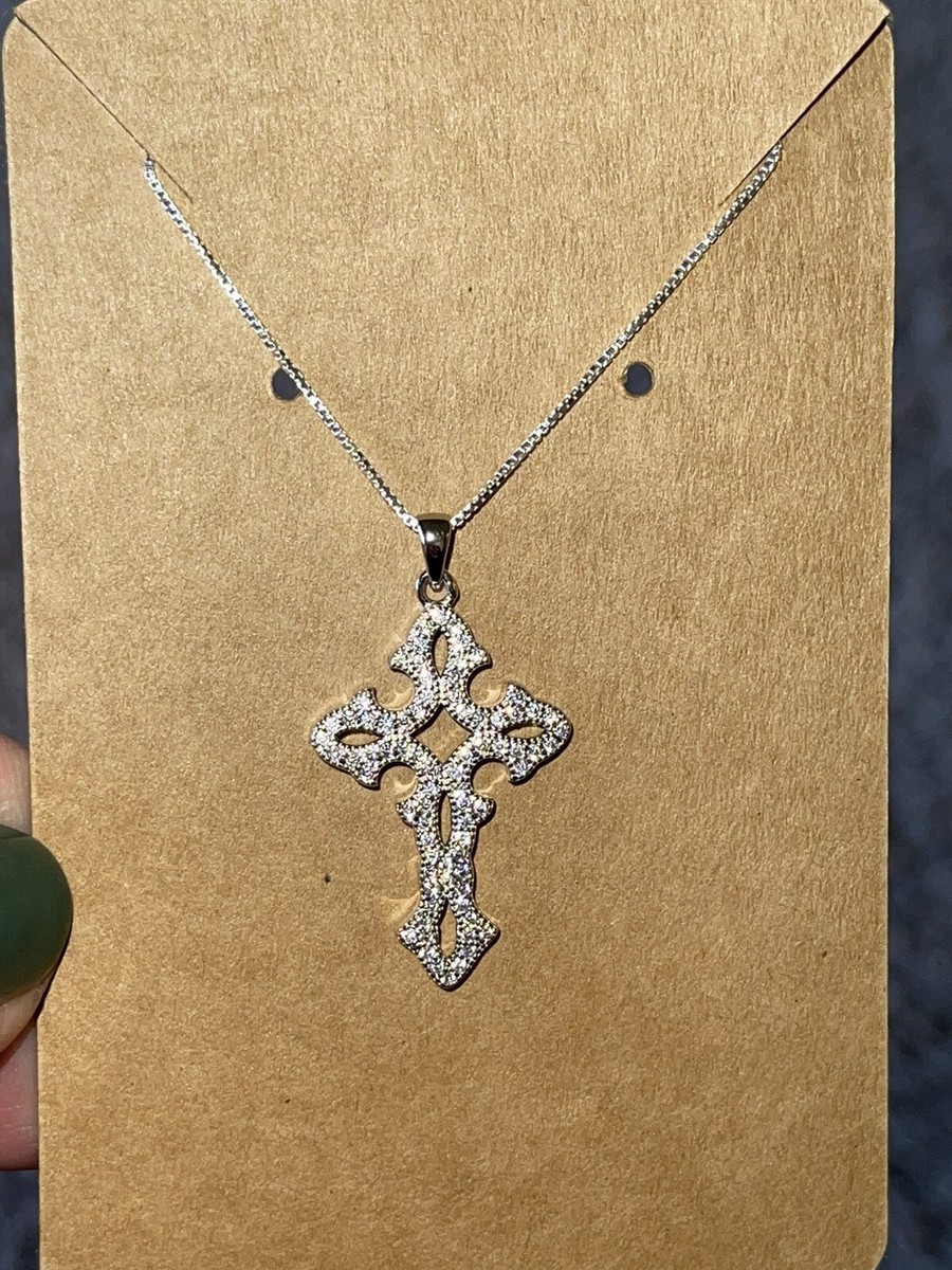 Sterling Silver Clear Cubic Zirconia Cross Necklace 22 Inch Box