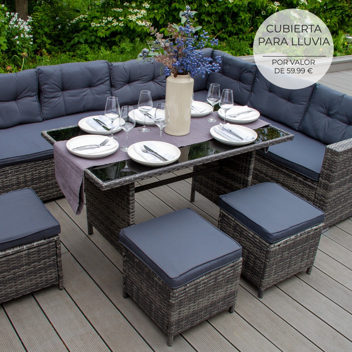 Jardí-Set Completo de Comedor de Ratán Sintético para Jardín,Gris, Sofá en