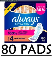 Always Ultra Thin Overnight Pads with Flexi-Wings, Unscented - Size 4 (80 ct.)