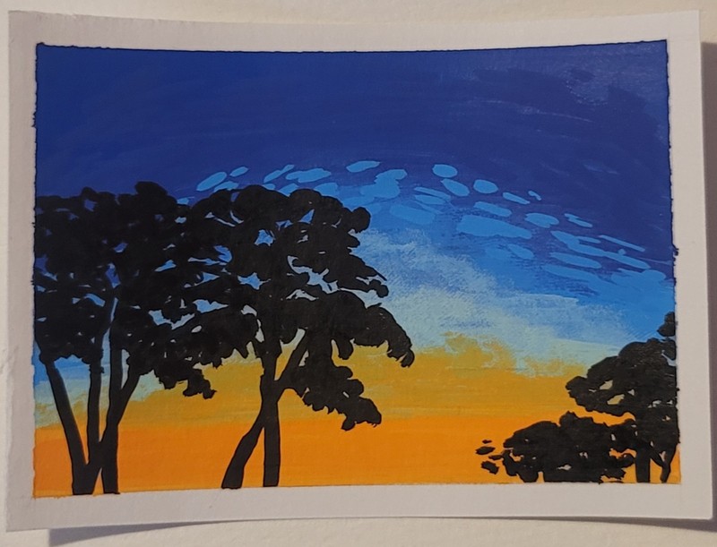 ACEO Original Abstract Landscape Sunset Behind Trees Mini Art Painting Nature