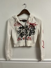 Ed Hardy Women's Small White Zip-Up Hoodie with Graphic Skull and Horse Design