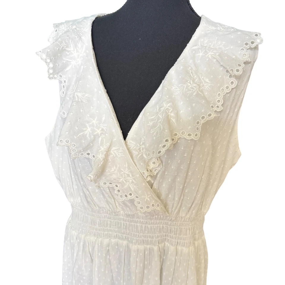 Vestido Cupio Blanco Ojales Punto Suizo XL/TG Sin Mangas Volantes Borde Cuello en V Forrado Foto 2 de 4