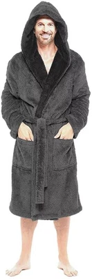 UK DISPATCH Medium Grey Soft Fleece Dressing Gown Hood Bath Robe Mens Gents Lads M