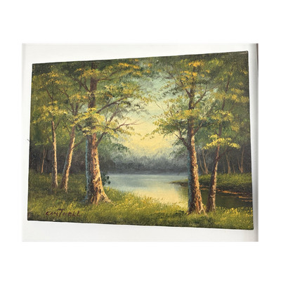 Vintage Cantrell Signed Landscape Forest Lake Trees Painting on Canvas 12x16 