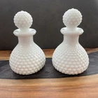 Vintage White Milk  Hobnail Glass Cologne Perfume Decanter W/Stoppers Set Of 2
