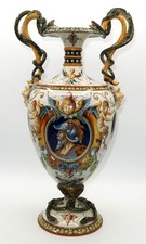 Antica urna grande in maiolica italiana Ginori con manico a serpente, 17 1/4" RIPARATA