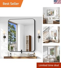 Bathroom Mirror, 36 x 30 inch Metal Framed Black Rectangle Mirror, Rounded Co...