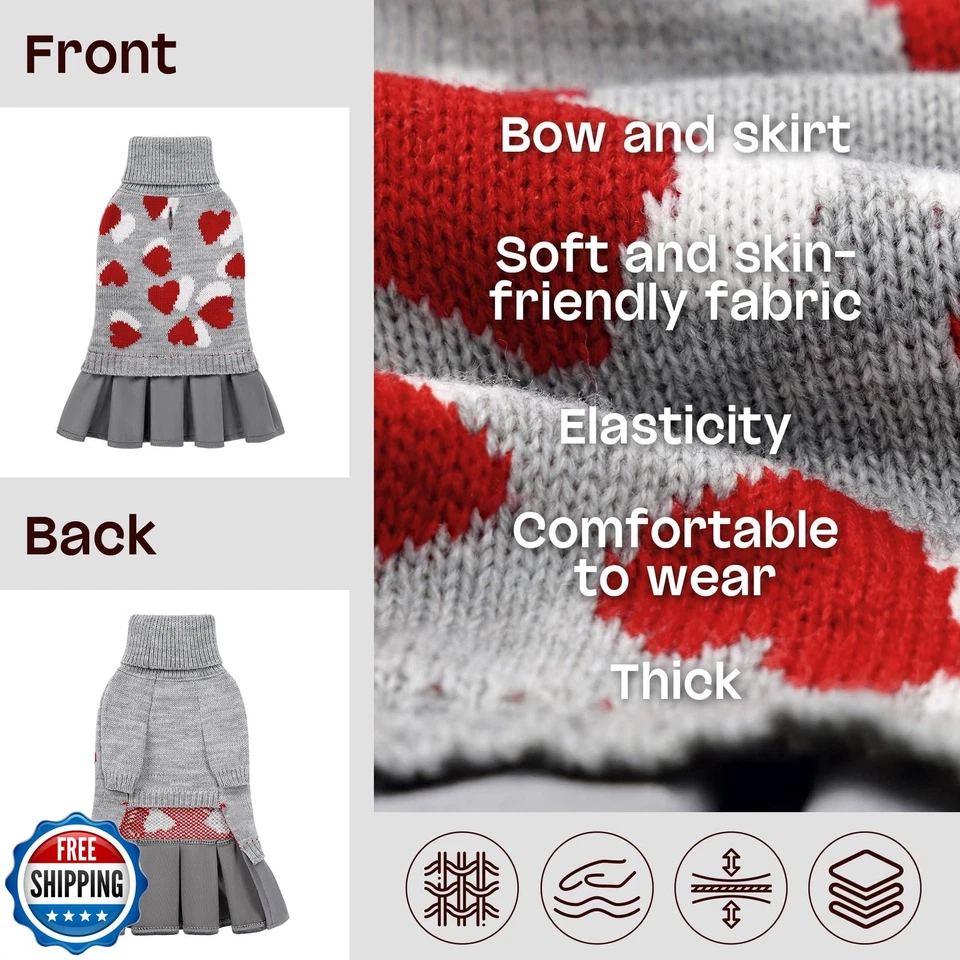 YUDODO Pet Dog Sweater Dress with Heart Pattern Pet Girl Dog Winter Knitted C - Image 4 of 4