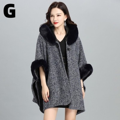 British Style Lady Shawl Hooded Winter Faux Fur Cape Coat Retro Elegant Fashion