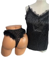 Vtg Panty Cami Top Set Liquid Satin Sassy Marabou Feathers Leopard Dot Black M L