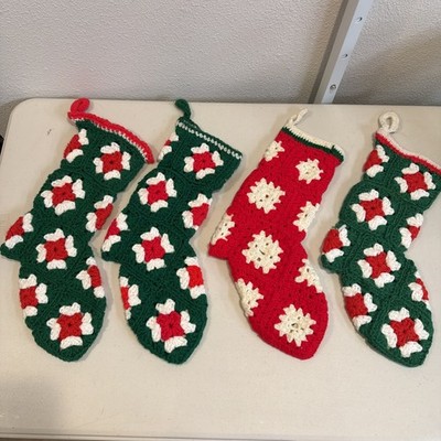 Vintage Set Of 4 Crocheted Granny Square Christmas Stockings Red Green White 16 