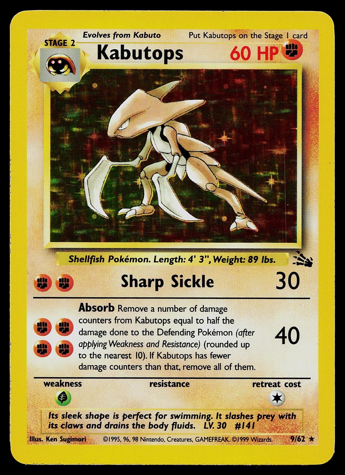 Pokemon Card - Kabutops Fossil 9/62 Holo Unlimited Holo Rare