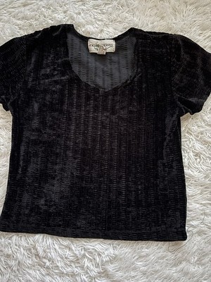 Vintage Explorations women's sz. L black velvet short sleeved top. Cute, fun