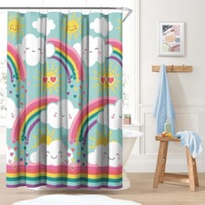 Kids Fabric Shower Curtain for Bathroom 72W x 72L Teal Rainbow Flare