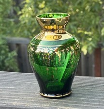 Vecchia Murano Glass Factory Italy Green Art Glass Vase 24K Gold Approx 4.25  