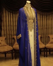 Georgette Royal & White Fancy Moroccan Abaya Wedding Kaftan Dubai Farasha Dress