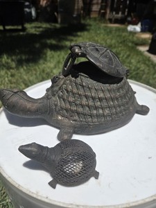 Turtle Bronze  Ensense Container w/ Hinged Lid & Small Turtle Figurine Or Tea?