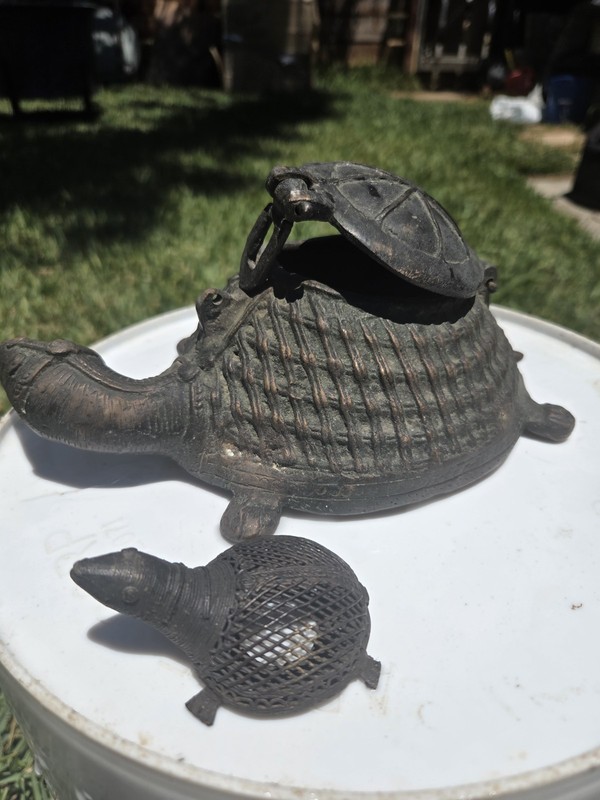 Turtle Bronze  Ensense Container w/ Hinged Lid & Small Turtle Figurine Or Tea?