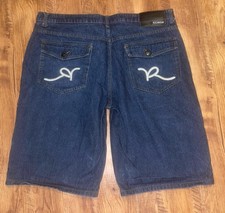 VTG Y2K Rocawear Dark Blue Denim Jean Shorts Mens Sz 40 Embroidered Pockets