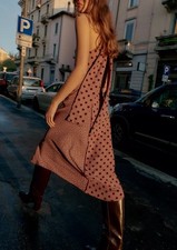 NWT Zara Tied Polka Dot Midi Dress With Bow Toffee Sleeveless Women s S Retro