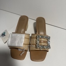 Women's Kathleen Raffia Buckle Block Heels 8 Beige New With Tags