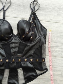 Ann Summers Black Wet Look & Sheer Mesh Strappy Stars Corset Top Size Mdm 10-12
