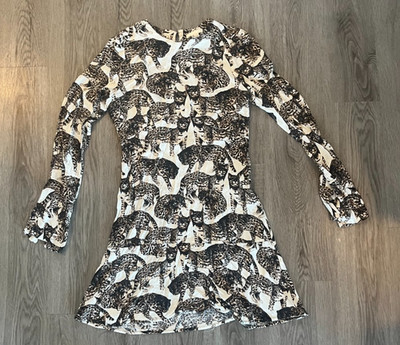 H&M Mini White Bengal Cat Novelty Animal Print Dress, Long Sleeve Size 2