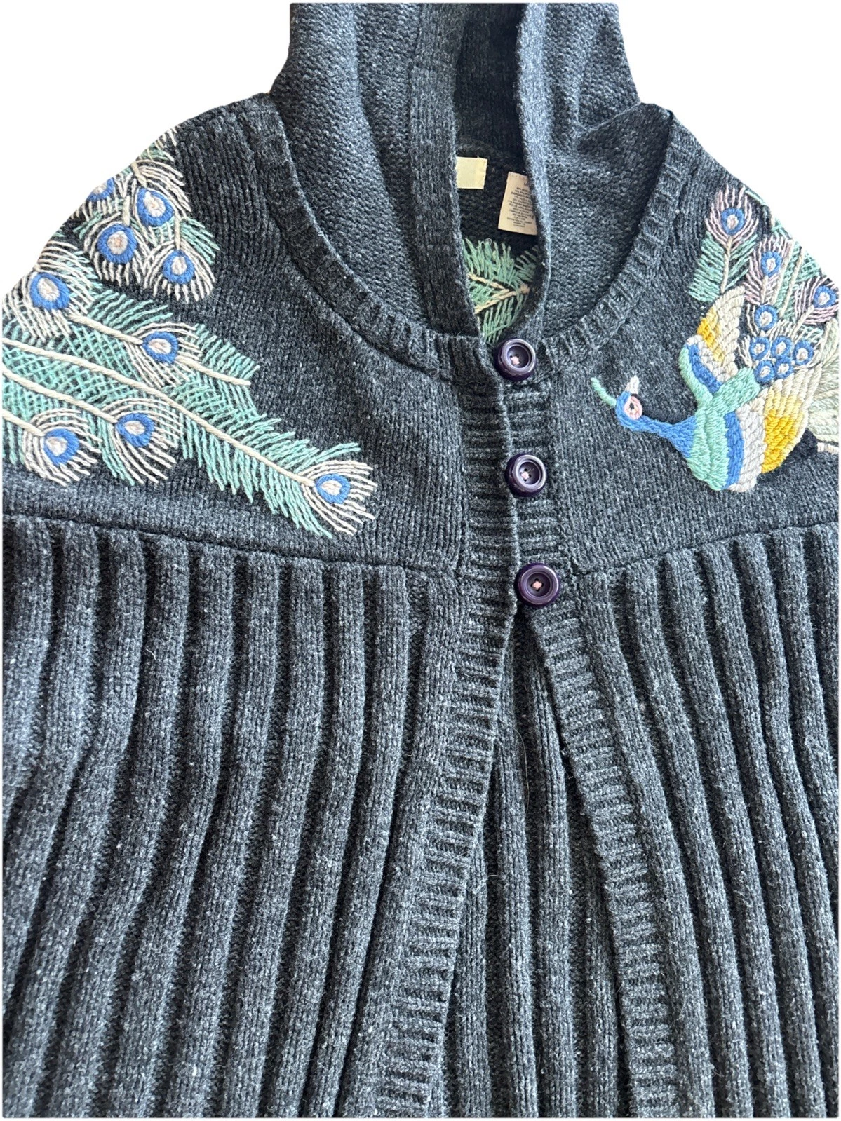 75 VTG Anthropologie Sleeping on Snow wool embroidered peacock cape poncho M/L
