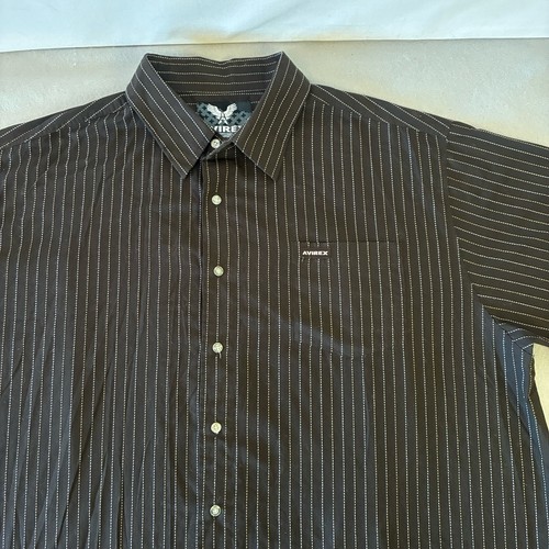 Avirex, Avirex Shirt 5X Mens Big Tall Dark Brown Pinstripe Button Down Y2K Streetwear