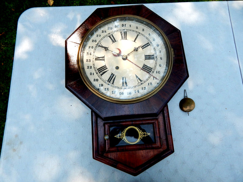 1871 NEW HAVEN OCTAGONAL DROP REGULATOR CALENDAR WALL CLOCK - RUNS!