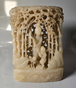 Antique Chinese Carved Soapstone Guanyin Statue Bamboo Grove Flat Back 7"