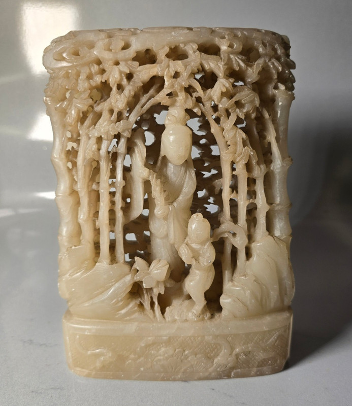 Antique Chinese Carved Soapstone Guanyin Statue Bamboo Grove Flat Back 7"