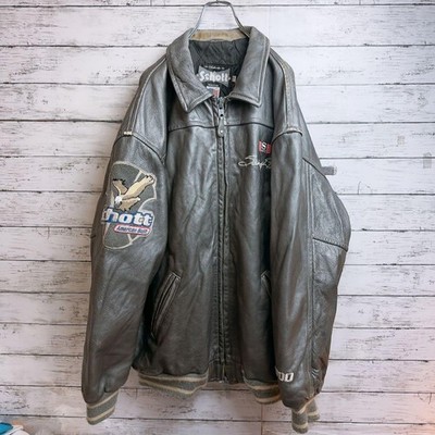 Schott Back Patch Leather Jacket Blouson Men Size XXL Silver Gray 80s Vintage