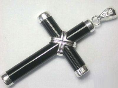  Black Agate Onyx White Gold Plated Blessing Luck Cross Pendant Chain Necklace