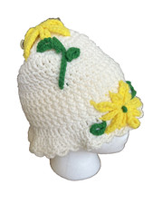 Vintage Hand Made Crocheted White and Yellow Floral Children's Girls Hat Beanie