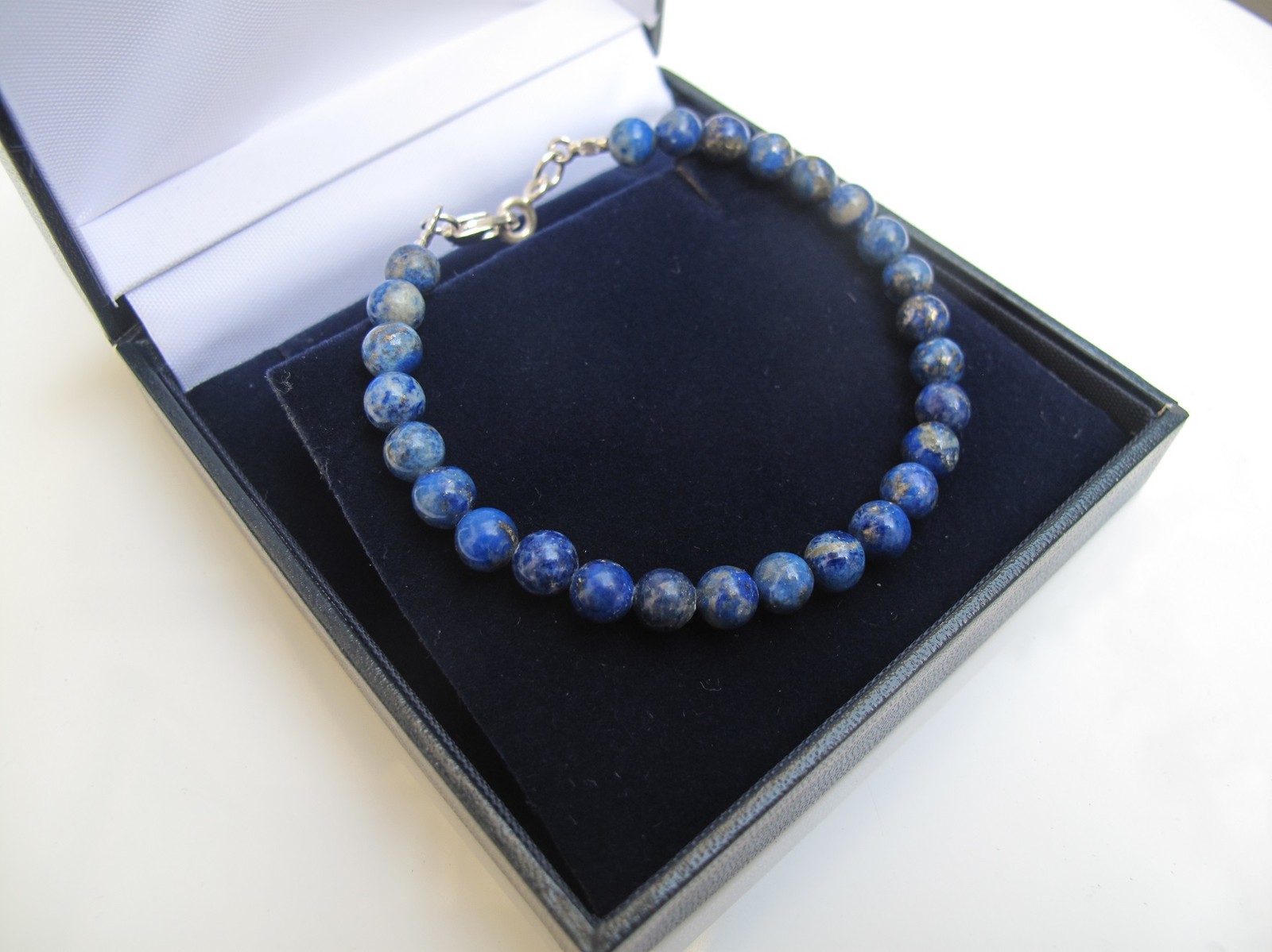 Lapis Lazuli Round Bead Bracelet with Sterling Silver Stone Bangle-image