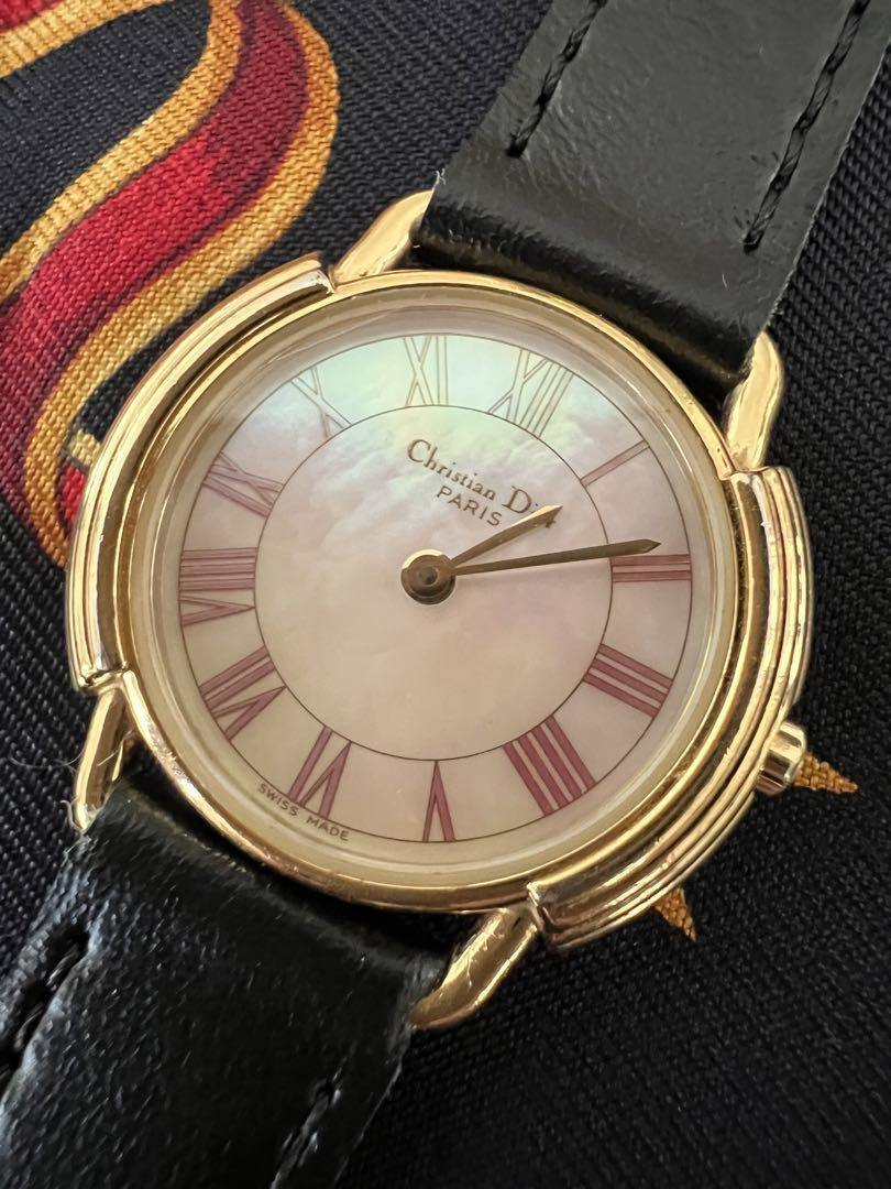 【Dior】cuff watch with CD charm bow detail【ランク:A】 Christian Dior Quartz Watch Pink Shell Dial Leather Strap