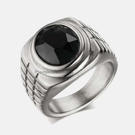 Anello In Argento Sterling 925 Con Gemma In Onice Nero Naturale Per Uomo #FGN - Immagine 2 di 4