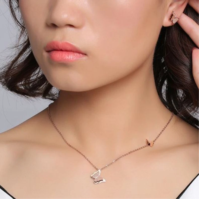 18K Rose Gold Butterfly Pendant+Earrings Women Collar Chain Necklace Jewelry Set - Image 2 of 4