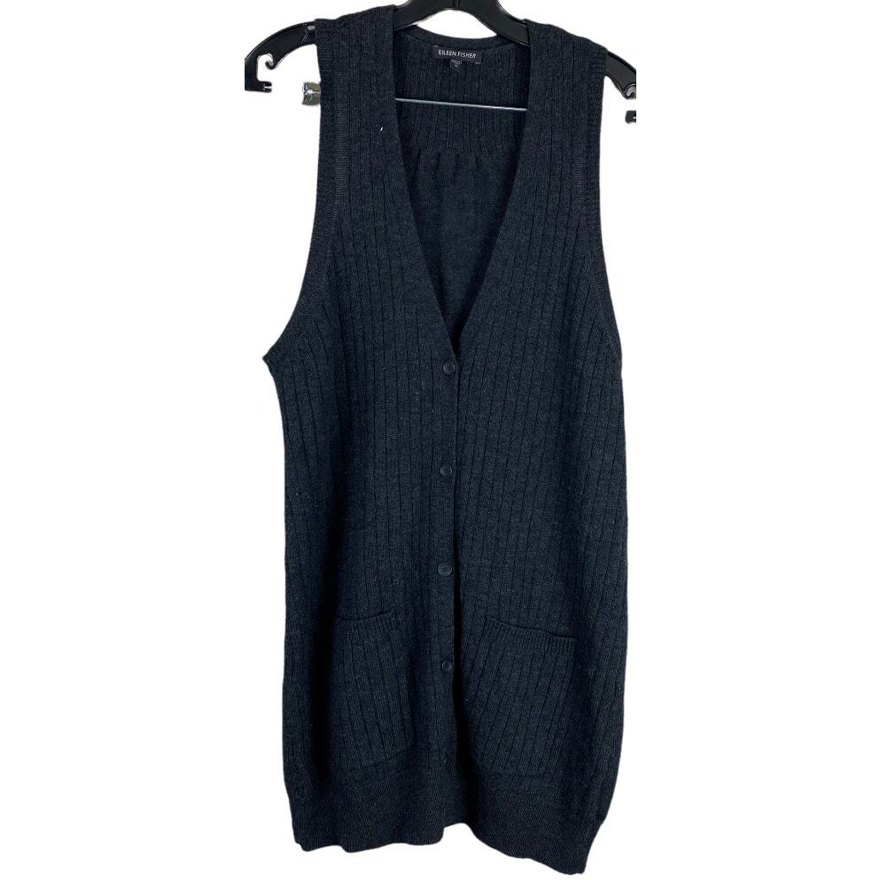 Eileen Fisher 100% Merino Wool Sleeveless Cardigan Sweater Vest
