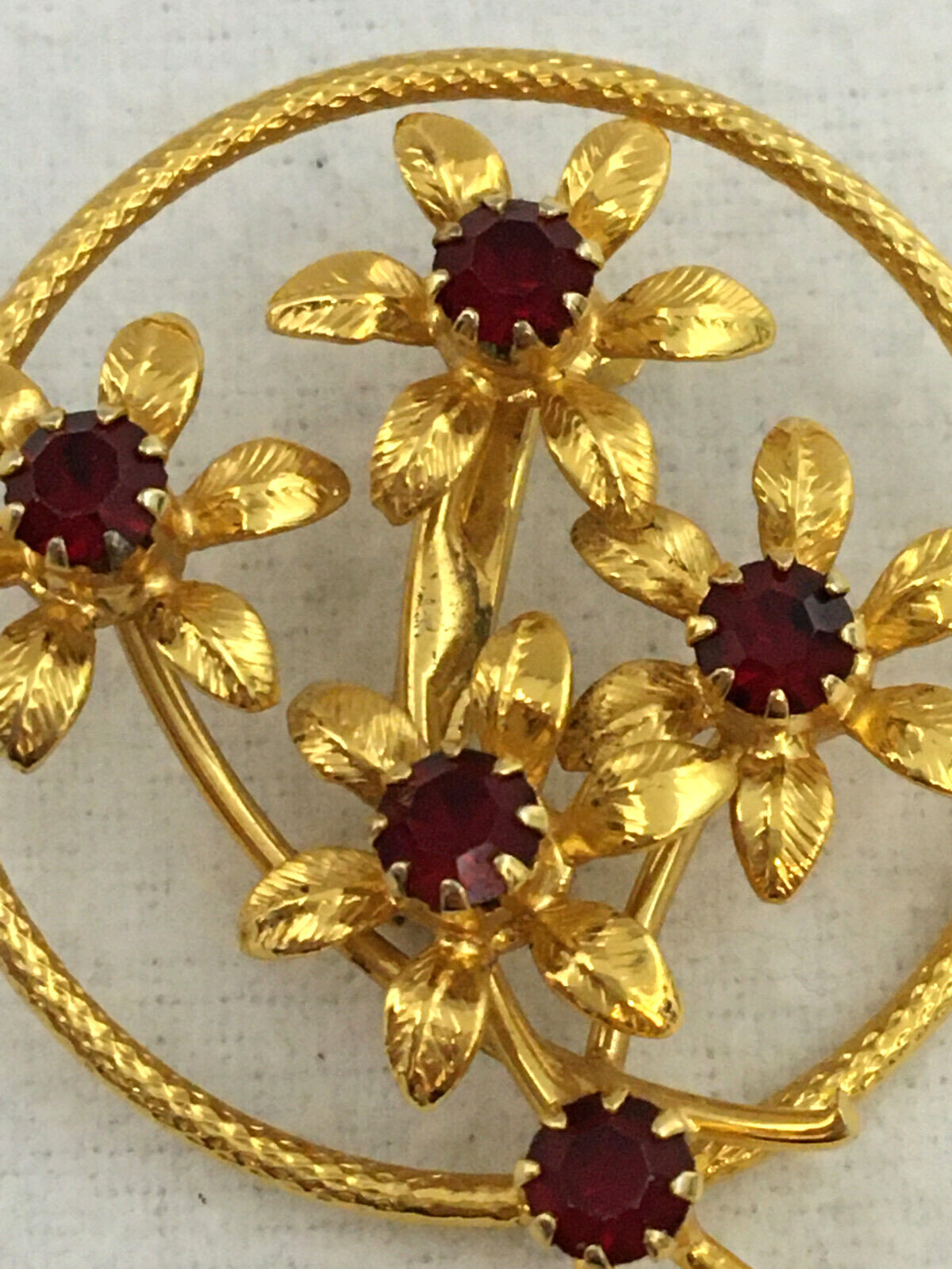Brooch Ring Boquet Ruby Red Rhinestone Centers Em… - image 4
