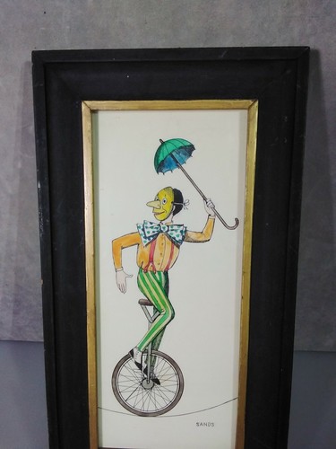 Sands Unicycle Clown Painting 1965 Vintage Framed 14x8 inches - Picture 3 of 5