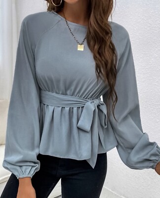 bishop sleeve Belted Peplum blouse - Blue- Small