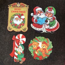 4 DIE CUT Cardboard Christmas Vtg Decorations Merry Christmas, Santa, Bears