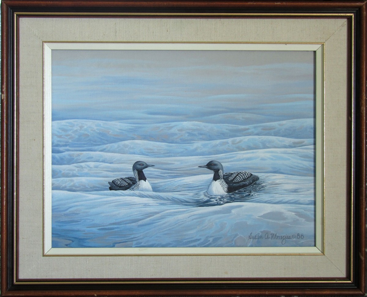 Vintage Signed Original Painting, Two Loons Scene, Art Work by