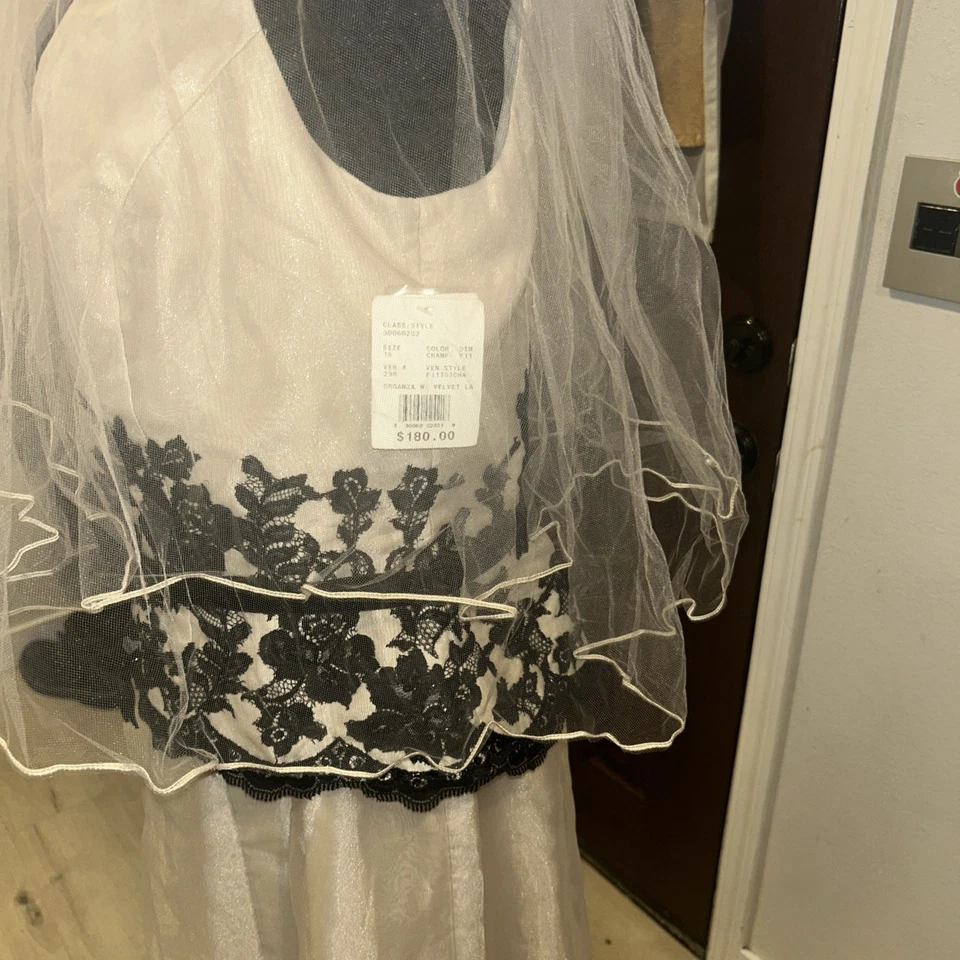 DAVID’S BRIDAL 16 Bronceado Formal Vestido Boda Dama de honor Organza Negro Borde Velo Nuevo con Etiquetas Foto 3 de 4