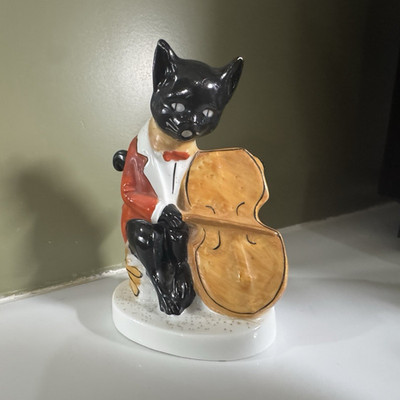 Vintage Black Cat Cello Bass Planter Vase Ceramic MCM  Jazz Musician Kitschy